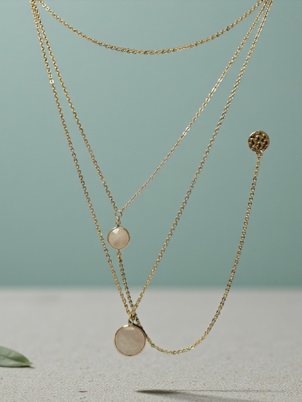 Delicate Gold Layered Necklace with Pink Quartz Stone Pendants